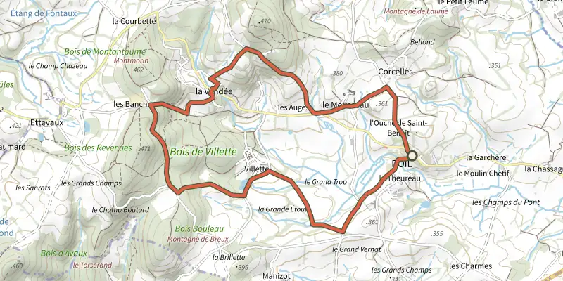 Map of the Circuit du Bois du Mousseau track on the IGN map, with the start and numbered waypoints