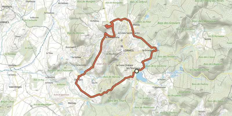 Map of the Le Mont de la Justice track on the IGN map, with the start and numbered waypoints