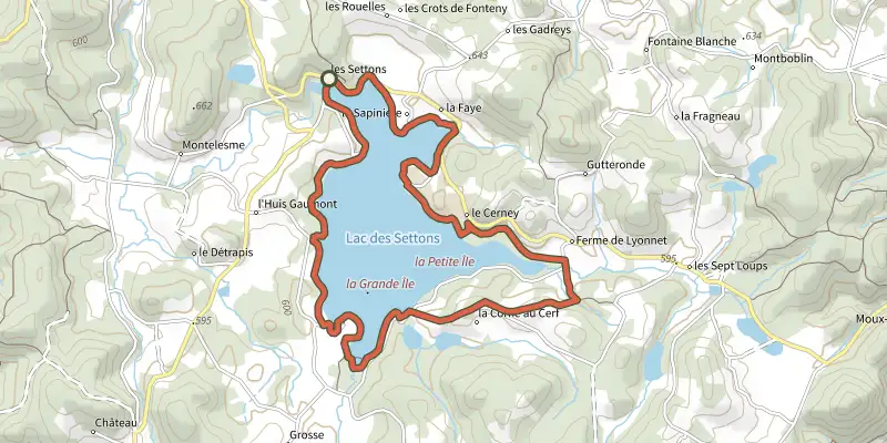 Map of the Le Lac des Settons track on the IGN map, with the start and numbered waypoints
