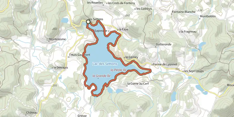 Map of the VTT1-CHEMIN DE RONDE DU LAC DES SETTONS (gds lacs du morvan) track on the IGN map, with the start and numbered waypoints