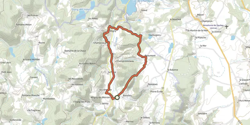 Map of the VTT5-AUTOUR DU TERNIN (gds lacs du morvan) track on the IGN map, with the start and numbered waypoints