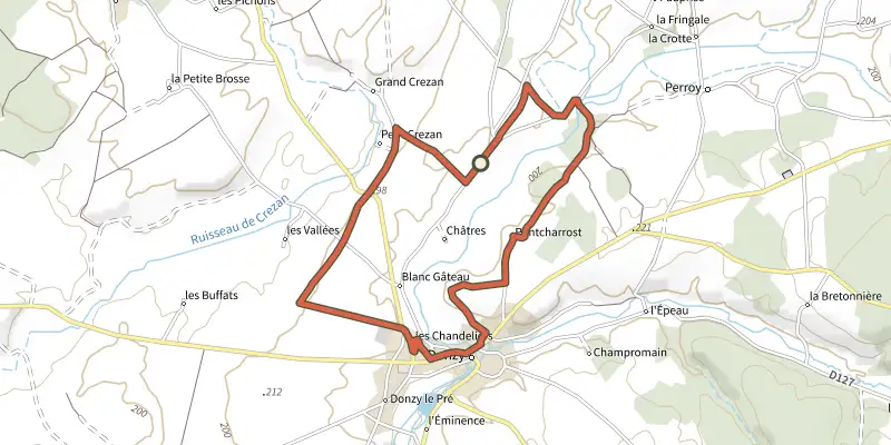 Carte du tracé de Vtt3-Donzy la Motte Joserand sur le Plan IGN, départ et points de passage numérotés
