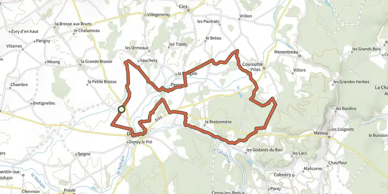 Carte du tracé de Vtt10-Donzy Perroy Couloutre sur le Plan IGN, départ et points de passage numérotés
