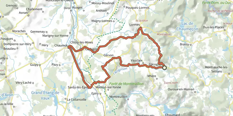 Map of the Corbigny 55km track on the IGN map, with the start and numbered waypoints