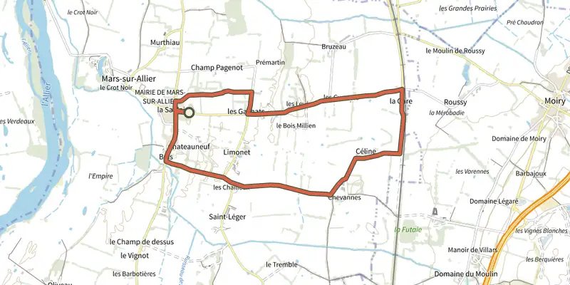 Carte du tracé de Chateauneuf et Paturages sur le Plan IGN, départ et points de passage numérotés