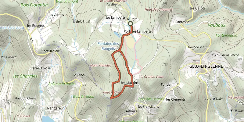 Map of the Les Sources de l-Yonne track on the IGN map, with the start and numbered waypoints
