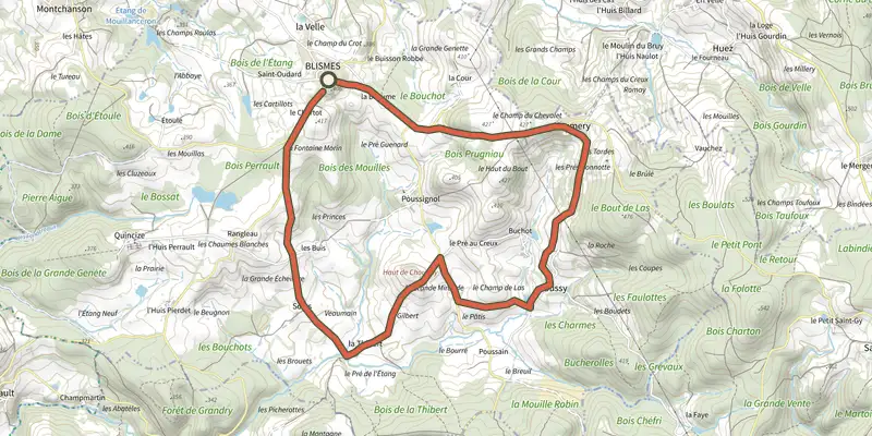 Carte du tracé de Les Chardonnerets sur le Plan IGN, départ et points de passage numérotés