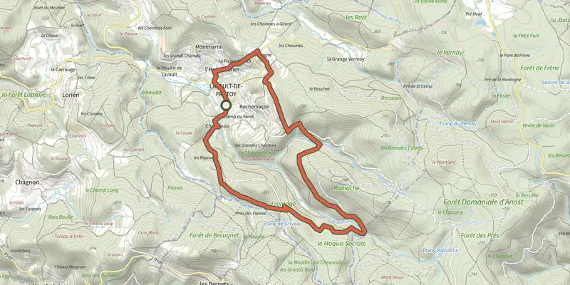 Carte du tracé de Boucle du Pas de l-Ane sur le Plan IGN, départ et points de passage numérotés