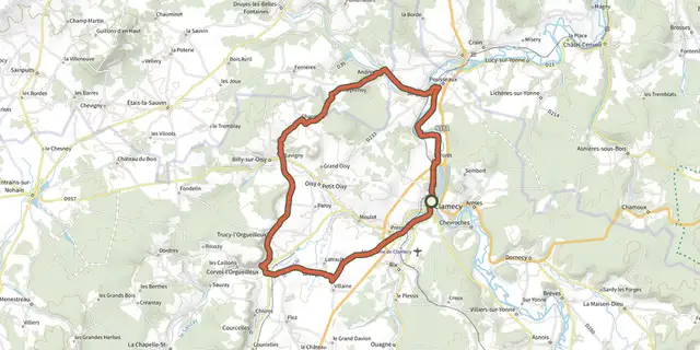 Tracé de Clamecy 39km sur le Plan IGN