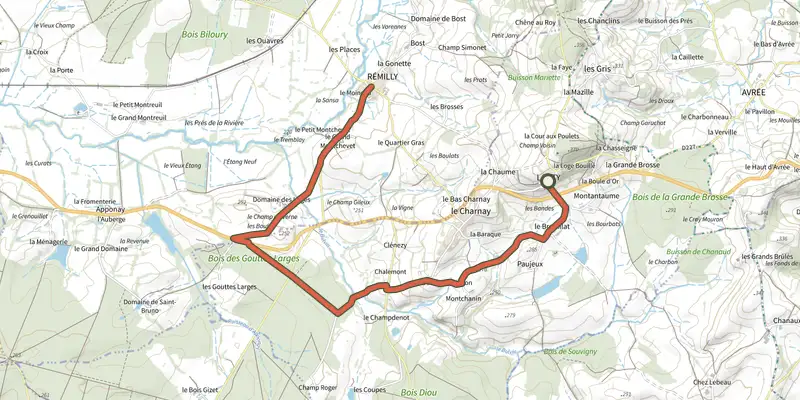 Carte du tracé de Circuit des Gouttes Larges sur le Plan IGN, départ et points de passage numérotés