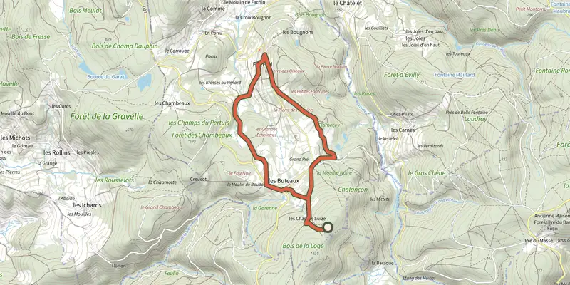 Carte du tracé de Boucle de la Pierre des Oiseaux sur le Plan IGN, départ et points de passage numérotés