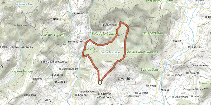 Carte du tracé de Circuit des Bois Clairs sur le Plan IGN, départ et points de passage numérotés
