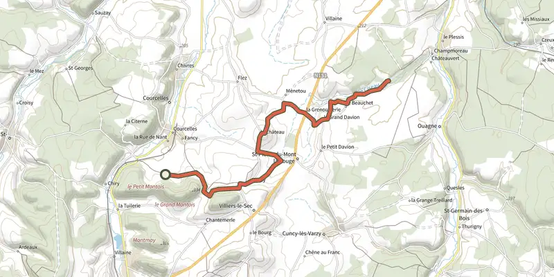 Carte du tracé de Vtt Varzy - liaison circuits sur le Plan IGN, départ et points de passage numérotés