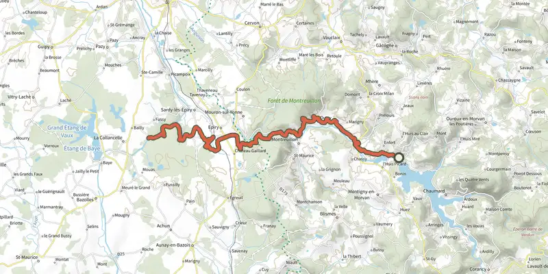 Map of the LA RIGOLE d'YONNE A VTT track on the IGN map, with the start and numbered waypoints