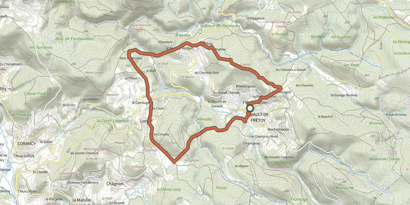 Map of the Boucle du Fou de Verdun track on the IGN map, with the start and numbered waypoints