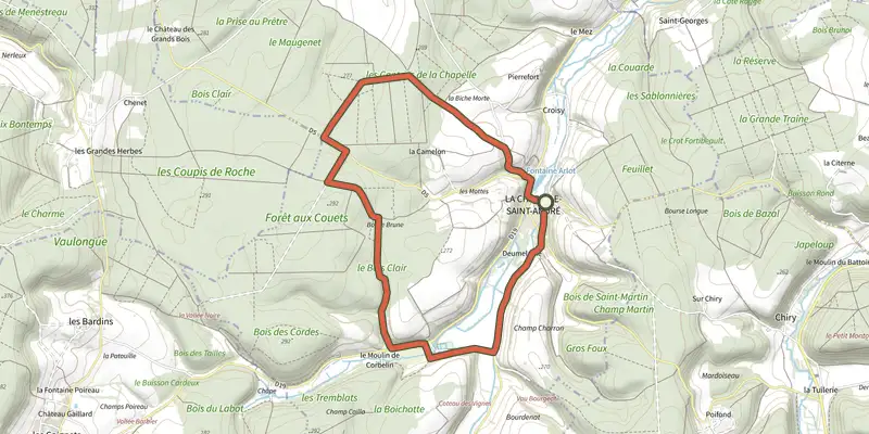 Map of the Circuit de Corbelin track on the IGN map, with the start and numbered waypoints