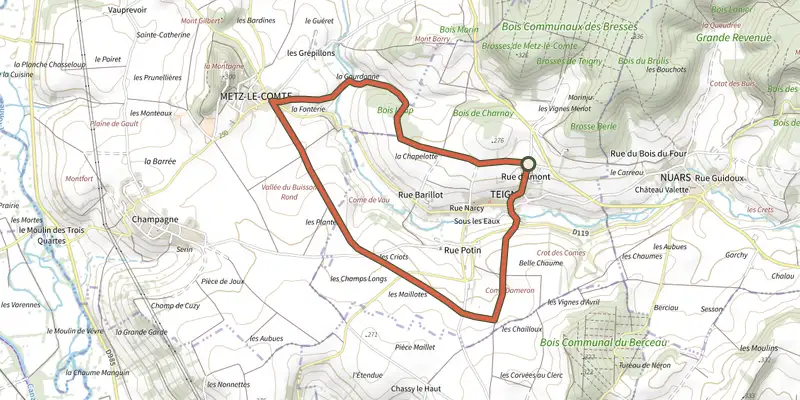 Carte du tracé de Circuit de Teigny-Metz le Comte sur le Plan IGN, départ et points de passage numérotés