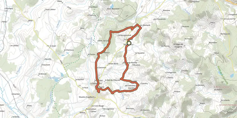 Carte du tracé de Autour de Sermages sur le Plan IGN, départ et points de passage numérotés