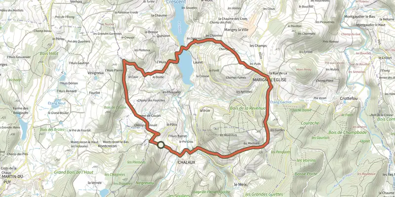 Map of the Boucle du Lac du Crescent track on the IGN map, with the start and numbered waypoints