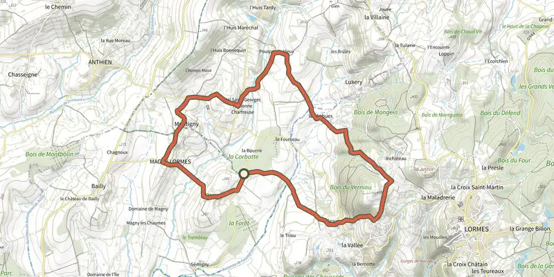 Carte du tracé de Les Trois Lormes sur le Plan IGN, départ et points de passage numérotés