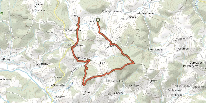 Carte du tracé de Boucle de Mhere sur le Plan IGN, départ et points de passage numérotés
