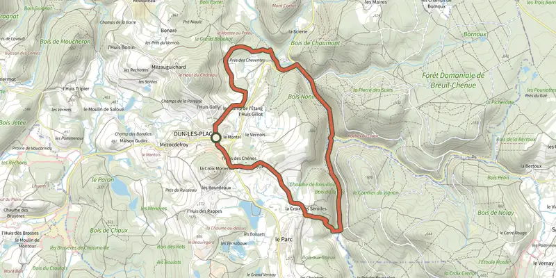 Map of the Le Pont de Saulieu track on the IGN map, with the start and numbered waypoints