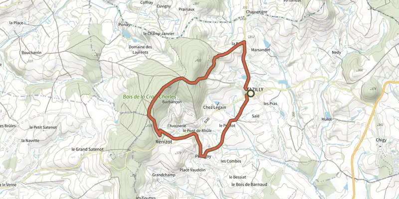 Carte du tracé de Circuit de la Croix Charles sur le Plan IGN, départ et points de passage numérotés