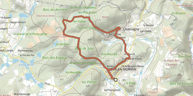 Map of the Maquis des Fiottes track on the IGN map, with the start and numbered waypoints