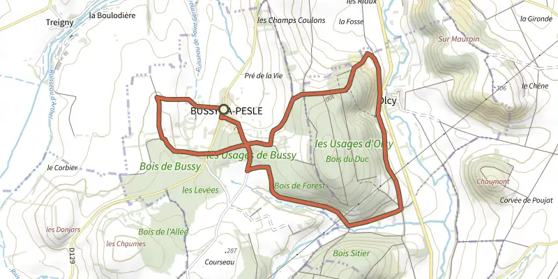 Map of the Randonnee de Bussy la Pesle track on the IGN map, with the start and numbered waypoints