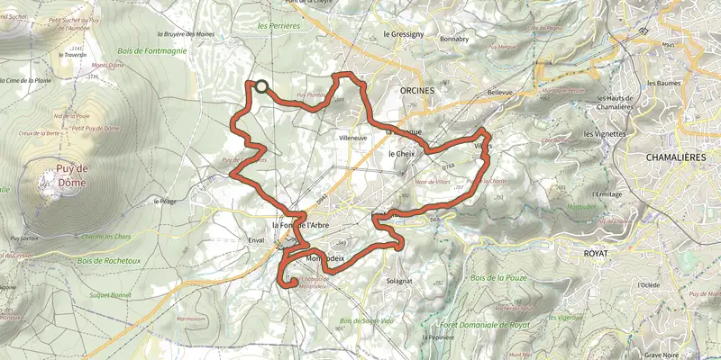 Carte du tracé de Le Puy de Montrodeix sur le Plan IGN, départ et points de passage numérotés