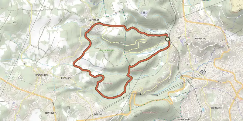 Map of the La Côte de Pégnu track on the IGN map, with the start and numbered waypoints