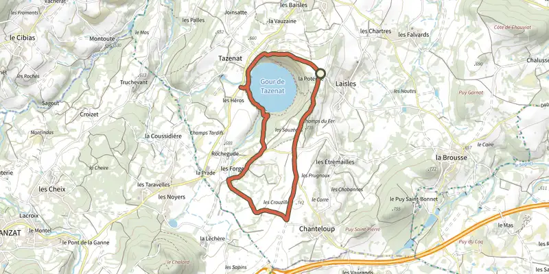 Map of the Le Gour de Tazenat track on the IGN map, with the start and numbered waypoints