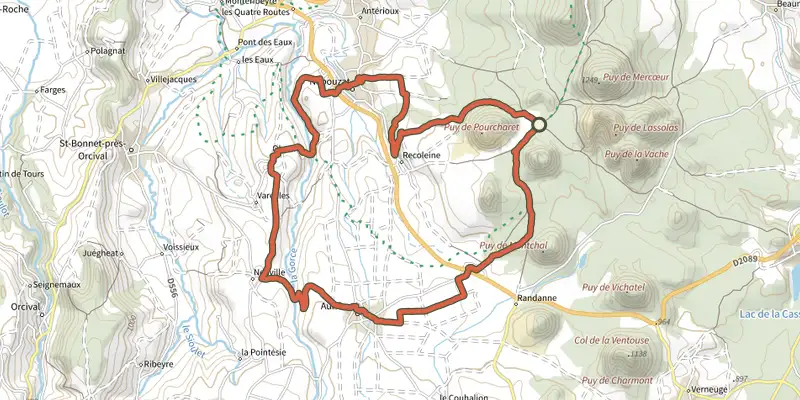 Map of the Le Puy de Pourcharet track on OpenTopoMap, with the start and numbered waypoints