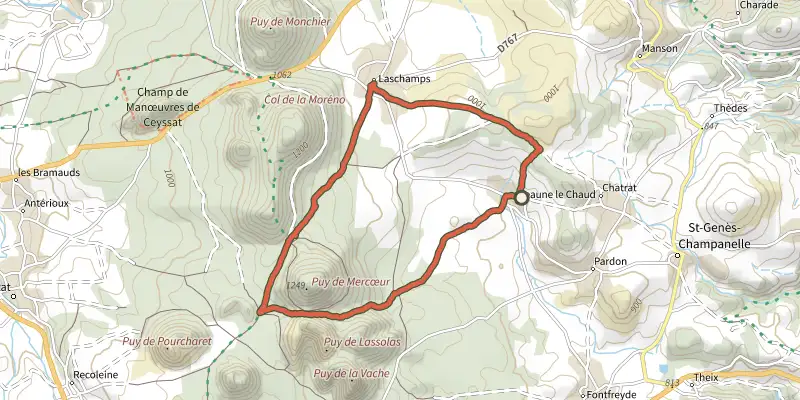 Carte du tracé de Autour du Puy de Mercoeur sur le Plan IGN, départ et points de passage numérotés