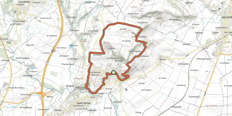 Map of the La Croix des Rameaux et le Puy St Jean track on the IGN map, with the start and numbered waypoints