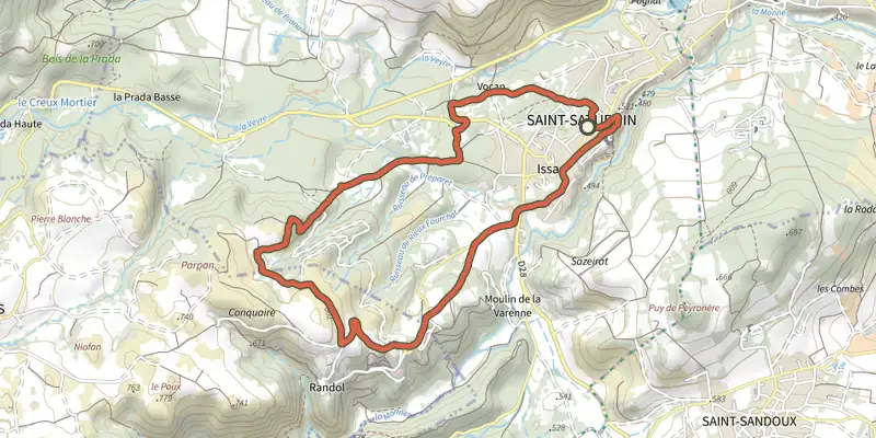Carte du tracé de Randol sur le Plan IGN, départ et points de passage numérotés