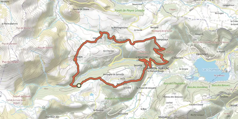 Map of the La Couze de Surains track on the IGN map, with the start and numbered waypoints