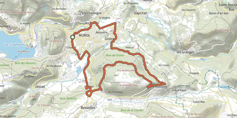 Map of the Roche Romaine track on the IGN map, with the start and numbered waypoints