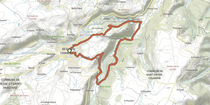 Map of the Ourcière track on the IGN map, with the start and numbered waypoints