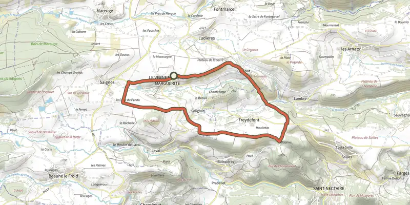 Carte du tracé de Le puy d'Alou sur OpenTopoMap, départ et points de passage numérotés