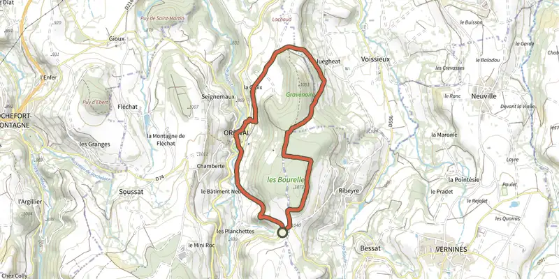 Map of the Le bois des Bourelles track on the IGN map, with the start and numbered waypoints
