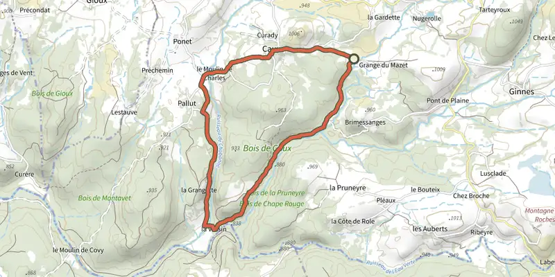 Map of the Le Bois de Caux track on the IGN map, with the start and numbered waypoints