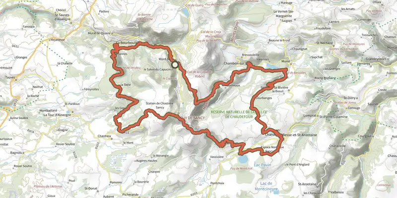 Carte du tracé de Boucle Sancy Longue Départ Mont Dore sur le Plan IGN, départ et points de passage numérotés