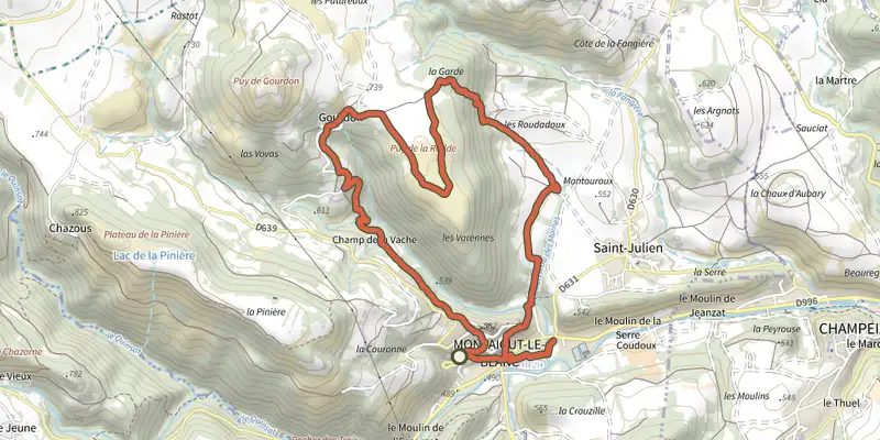 Map of the Le Puy de la Rodde track on the IGN map, with the start and numbered waypoints
