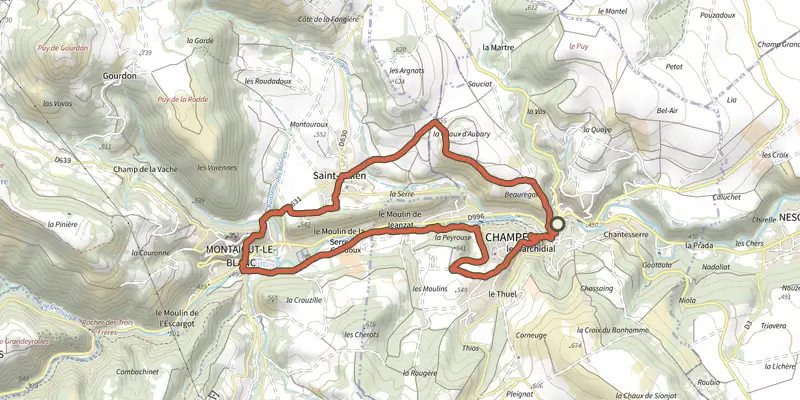Carte du tracé de Les caves de Saint-Julien sur OpenTopoMap, départ et points de passage numérotés