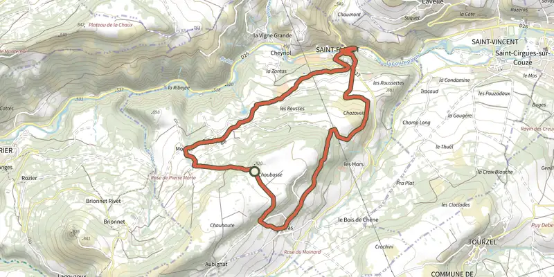 Map of the La Chaubasse track on the IGN map, with the start and numbered waypoints