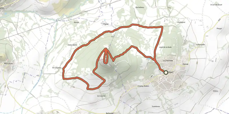 Carte du tracé de Le Puy d'Ysson sur le Plan IGN, départ et points de passage numérotés