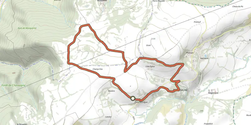 Map of the Le Plateau d'Ussel track on the IGN map, with the start and numbered waypoints