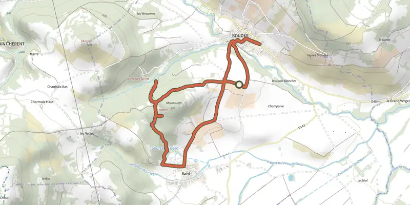 Carte du tracé de La Vallee des Saints sur OpenTopoMap, départ et points de passage numérotés