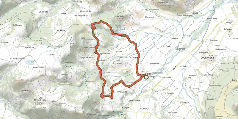 Carte du tracé de Bard et Letz sur le Plan IGN, départ et points de passage numérotés